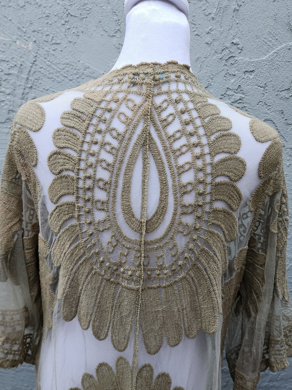 Rebellion Again Olive Green Lace Mesh Duster Kimono Cardigan Boho L - Picture 6 of 10